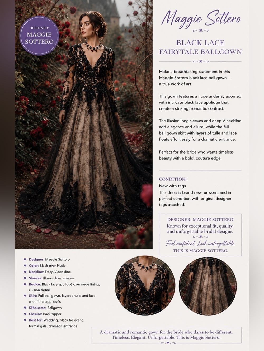 Maggie Sottero Black Lace Long Sleeve Wedding Gown